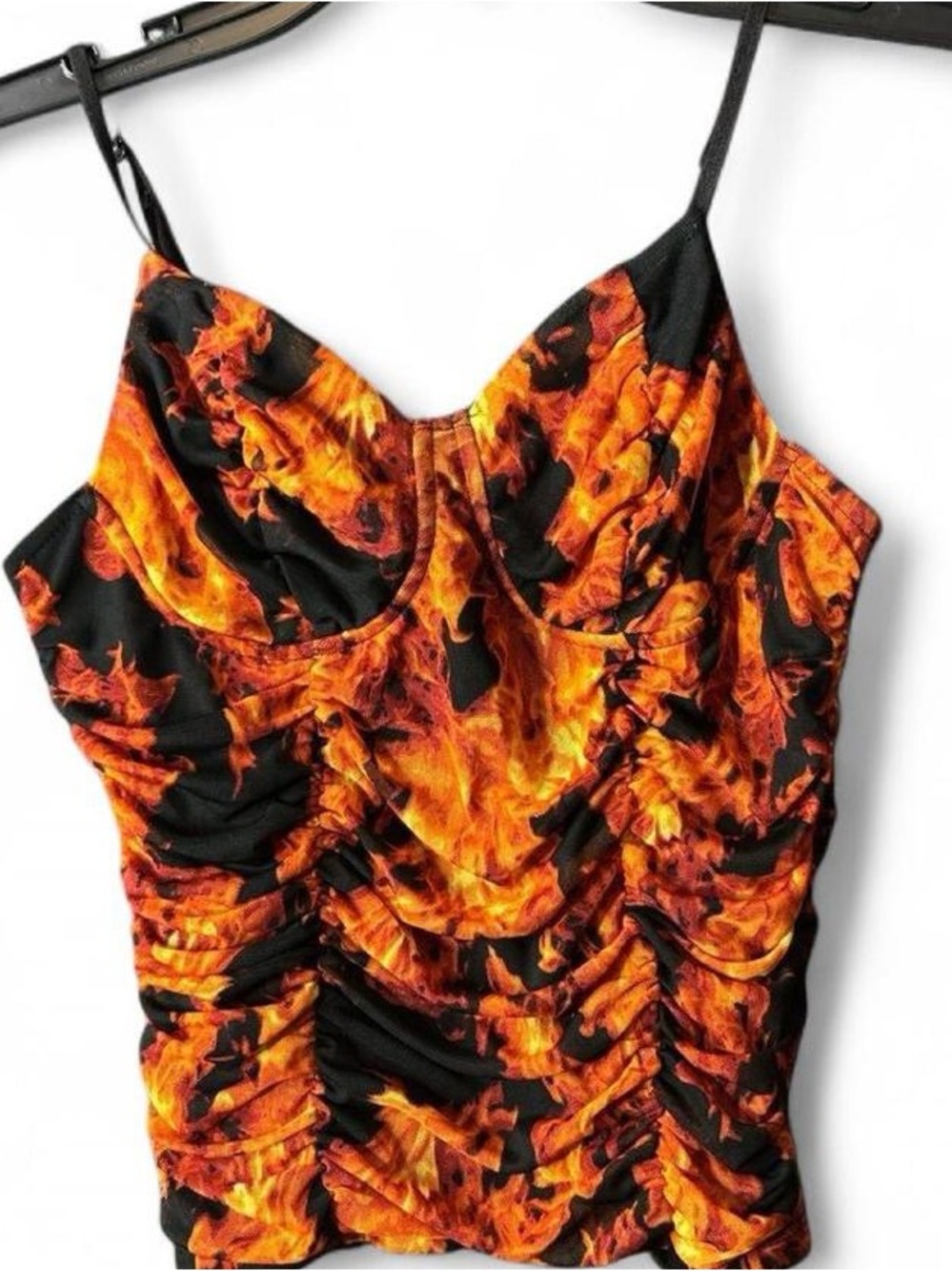 Just Polly Flame Print Ruched Cami Under wire corset style Top - Black & Orange